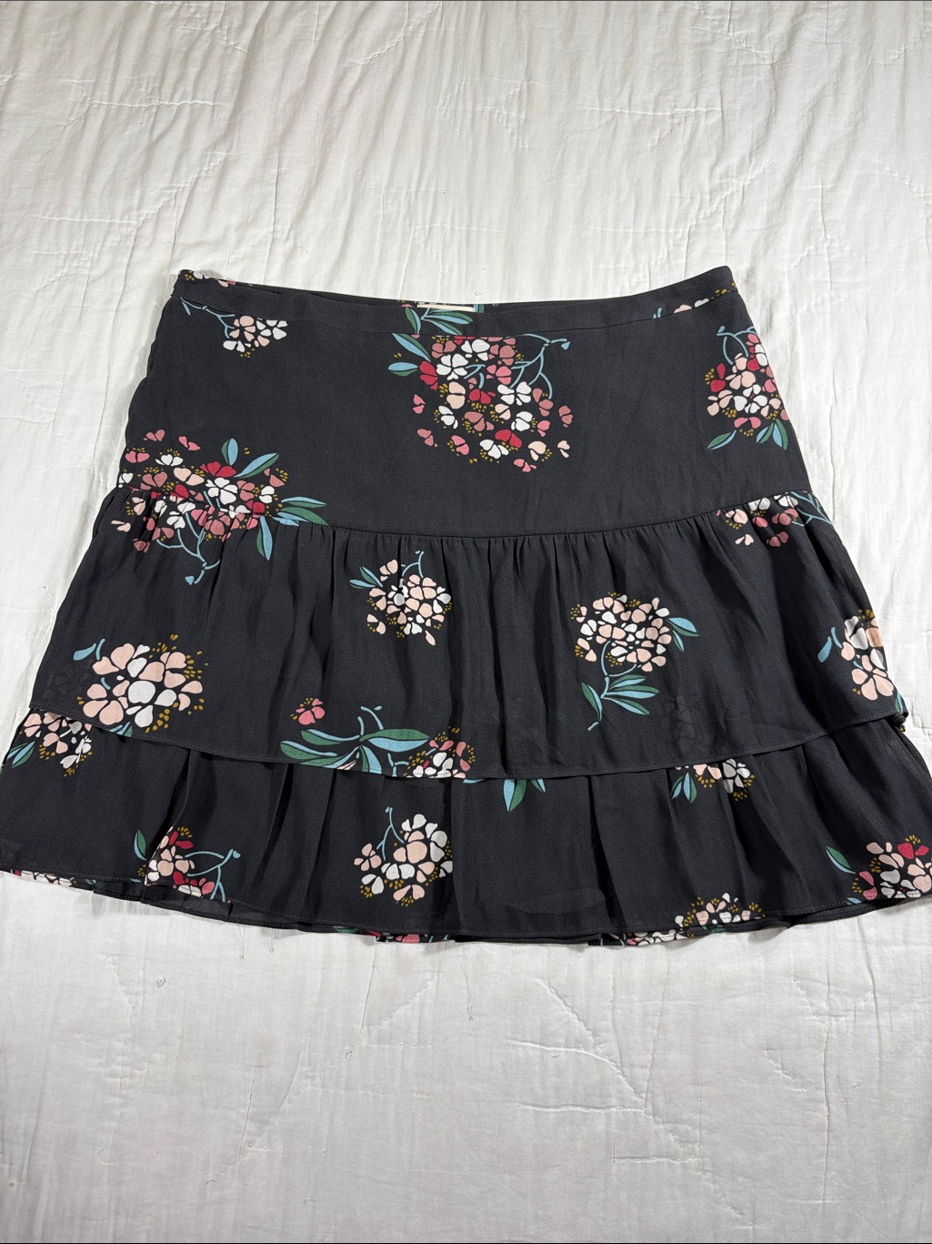 Loft Outlet Black Floral Tiered Ruffle Flirty Mini Skirt Lined Boho Size 16 Nwt